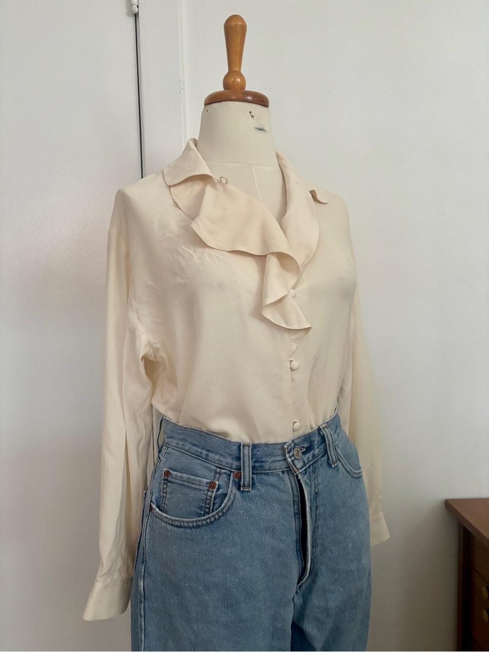 Vintage 100% Silk Cream Ruffle-Front Button Down Blouse